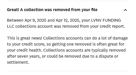 LVNV Funding LLC collection removed from credit report