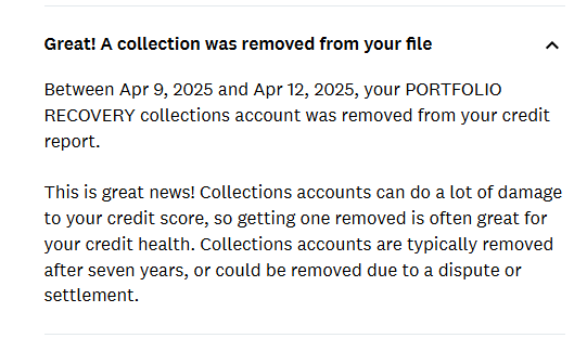 Portfolio Recovery collection removed from credit report