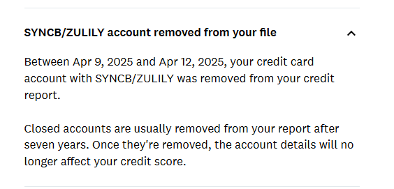 SYNCB/Zulily account removed from credit report