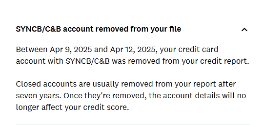SYNCB/C&B account removed from credit report