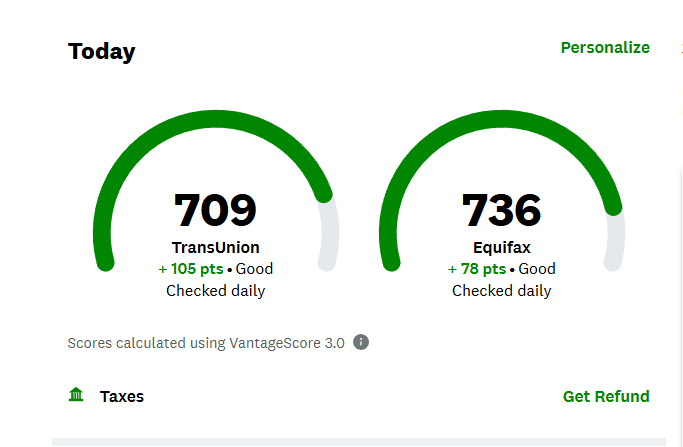 TransUnion 709 and Equifax 736 after a 105 point increase