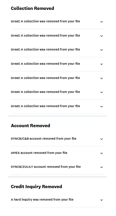 Multiple collections, accounts and an inquiry removed from a client credit report