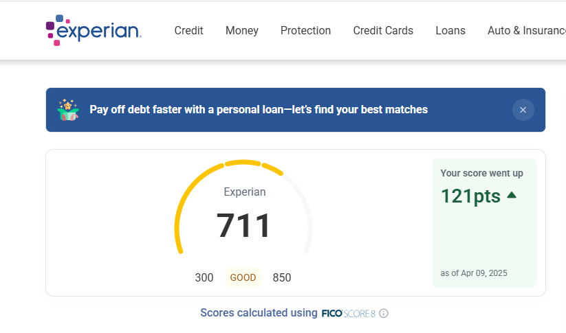 Experian credit score of 711 after a 121 point increase