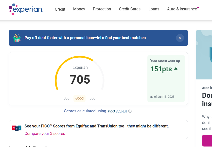 Client Experian score of 705 after a 151 point increase