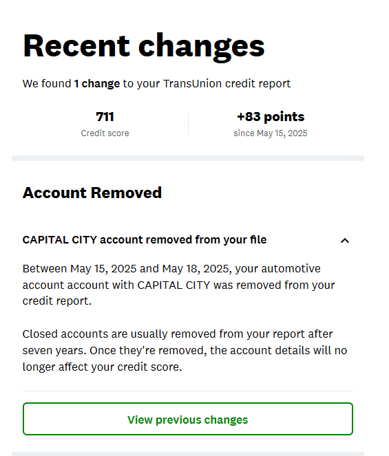 TransUnion recent changes showing an 83 point increase to 711 and an account removed