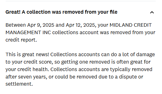 Midland Credit Management collection removed from credit report